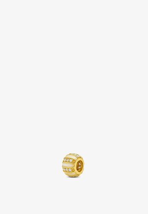 Goldfarbener Charm-Bead mit erhabenen Streifen und eingearbeiteten klaren Edelsteinen. Runde Form mit strukturierter Oberfläche und zentralem Loch zum Auffädeln.