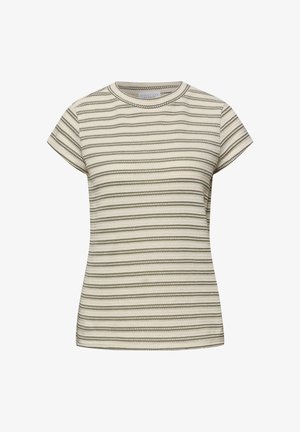Haut en maille à manches courtes avec col rond, rayures horizontales en zigzag beige et olive, silhouette légèrement ajustée.