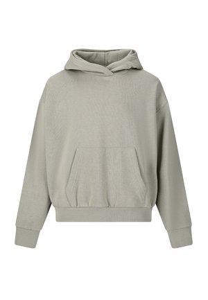 Vaaleanharmaa ylisuurikokoinen huppari, jossa on etutasku, ribbineulotut hihansuut ja helmassa sekä rento hupun kaulus.