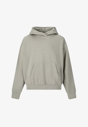 Lichtgrijze oversized hoodie met voorvak in kangaroestijl, geribde manchetten en zoom, en een ontspannen capuchonnek.
