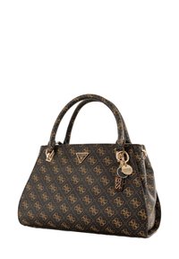 Borsa nera con motivo del logo dorato, texture liscia, doppi manici e dettagli in metallo dorato. Presenta un portachiavi con dettagli del marchio.