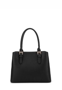 Borsa a mano nera strutturata in pelle martellata con doppi manici arrotondati e dettagli in metallo dorato. Design classico e funzionale.