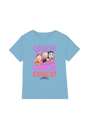 Light blue shirt with cartoon characters lounging on a pink couch eating snacks, surrounded by the word "COUCH!" in bold colors.
