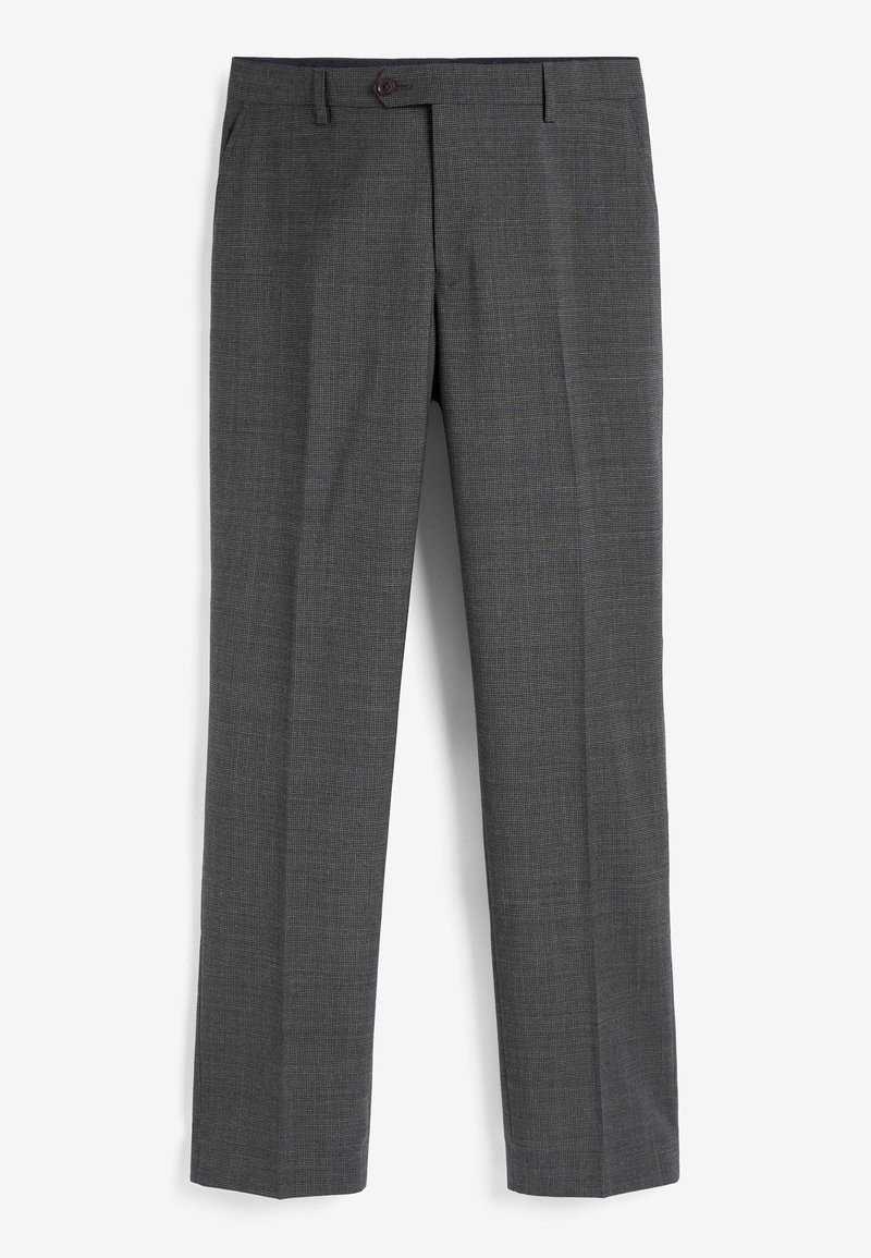 Pantaloni grigi a quadri con finitura piatta, gambe dritte e chiusura con un solo bottone. Realizzati in tessuto intrecciato con una sottile texture.