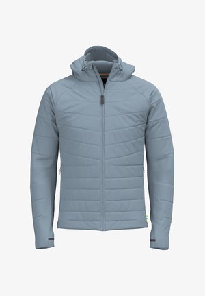 Lys blå, quiltet jakke med hætte, der har lange ærmer, frontlynlås og sidelommer. Glat tekstur, strømlinet design.