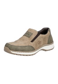 Tan and olive slip-on shoe made of leather with a textured surface. Features elastic goring, a padded collar, and a white midsole.