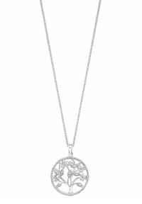 Silver pendant necklace featuring a tree design with intricate branches and leaves, set in a circular frame, hanging from a fine chain.