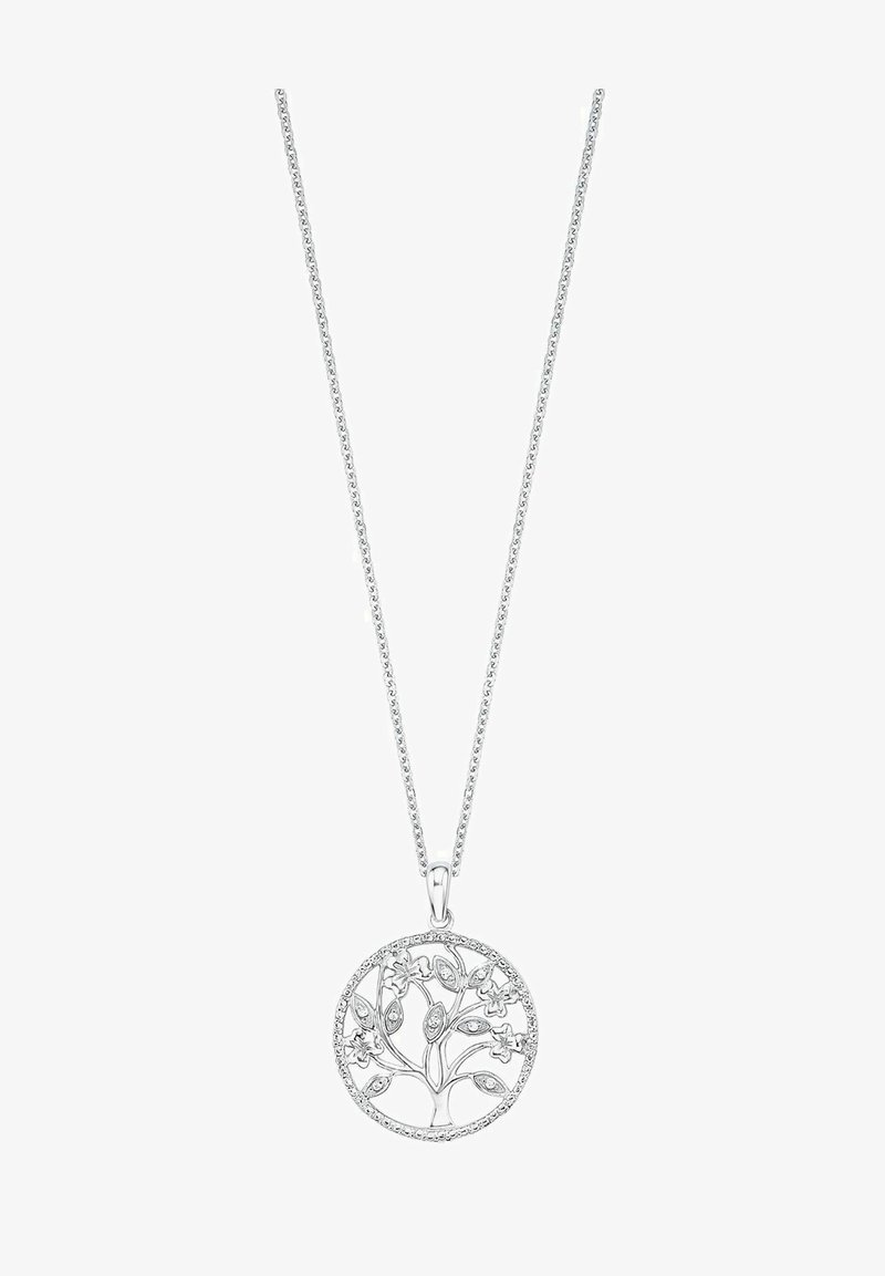 Silver pendant necklace featuring a tree design with intricate branches and leaves, set in a circular frame, hanging from a fine chain.