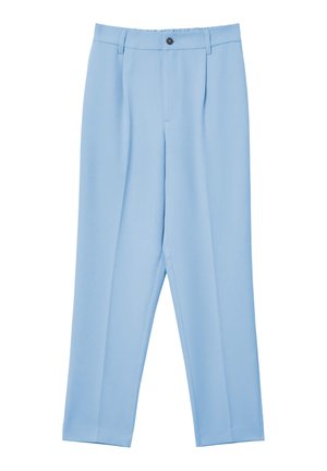 Helleblaue, maßgeschneiderte Hose mit glatter Textur, flacher Vorderseite, zwei Seitentaschen und einem einzigen Knopfverschluss.