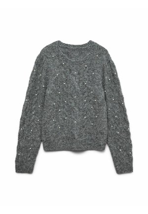 Grå strikket sweater med rund halsudskæring, der har et tekstureret mønster og er pyntet med små, jævnt fordelte falske perler.