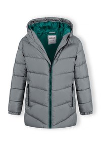 Siva puffer jakna s kapuljačom obloženu tirkiznom bojom, sprijeda sa zatvaračem i dva bočna džepa; ima kvadratnu teksturu i šarene naglaske na zatvaraču.
