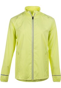 Lightweight, bright yellow rain jacket with a high collar, full front zipper, and reflective accents on sleeves and zipper. Features side pockets.