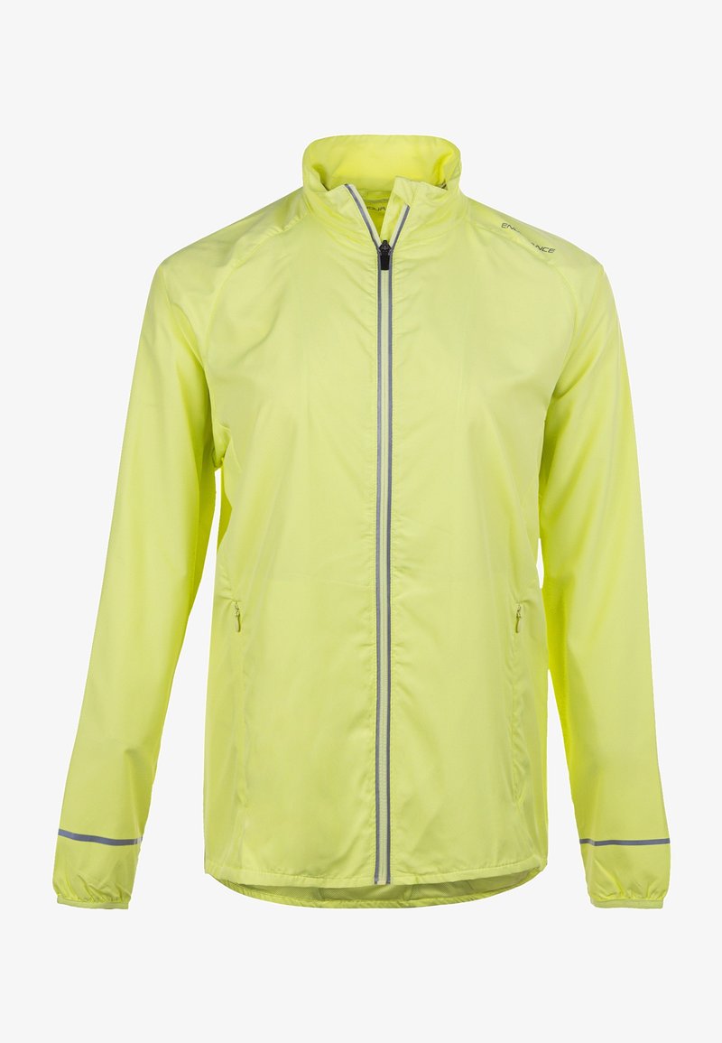 Lightweight, bright yellow rain jacket with a high collar, full front zipper, and reflective accents on sleeves and zipper. Features side pockets.