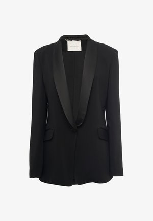 Blazer nero con revers in satin, maniche lunghe, due tasche frontali e senza chiusura. Tessuto liscio con una silhouette sagomata.