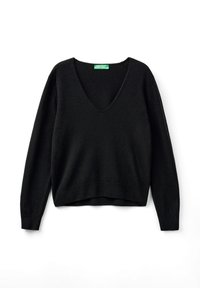 Czarny sweter z długim rękawem w kształcie litery V z prążkowanymi mankietami i dołem, leżący na białym tle.