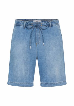 Lichtblauwe denim shorts met elastische tailleband en strik aan de voorkant, voorzien van riemlussen en zijzakken.