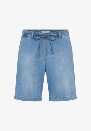 Short di denim azzurro chiaro con vita elasticizzata e laccio frontale, dotati di passanti per cintura e tasche laterali.