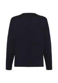 Dark navy long-sleeve polo shirt with a ribbed texture, featuring a straight hem and minimalistic collar design on the back.