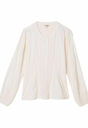 Langärmlige cremefarbene Bluse mit rundem Halsausschnitt, durchgehender Knopfleiste, leicht gerafften Schultern und Taille sowie enganliegenden Bündchen.