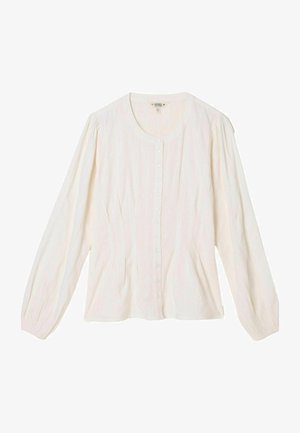 Langärmlige cremefarbene Bluse mit rundem Halsausschnitt, durchgehender Knopfleiste, leicht gerafften Schultern und Taille sowie enganliegenden Bündchen.