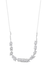 Srebrny naszyjnik z motywem liścia, ozdobiony kilkoma akcentami przypominającymi diamenty, o gładkiej fakturze i delikatnym łańcuszku.