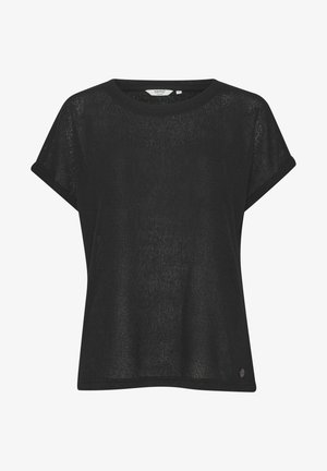 Zwart kortemouwen top gemaakt van lichte, textuurstof met een relaxte pasvorm. Heeft een ronde hals en een klein merkaccent aan de zijkant.