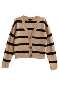 Cardigan beige avec des rayures horizontales noires, décolleté en V, boutons sur le devant et poignets côtelés. Le tissu semble doux avec une texture tricotée.