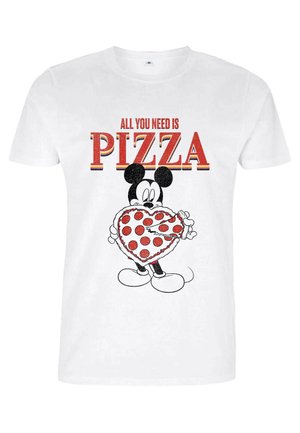 White cotton t-shirt featuring a cartoon character holding a heart-shaped pizza with pepperoni. Text above reads "ALL YOU NEED IS PIZZA" in red.
