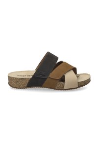 Women's slide sandal featuring a cork sole. Upper has black, brown, and beige leather straps in a crisscross design with a smooth texture.
