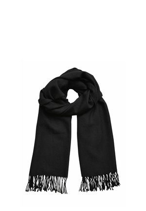 Sort tørklæde med en blød tekstur, der har frynsekanter og et snoet design, velegnet til forskellige stylingmuligheder.
