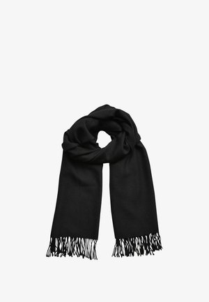 Melnā šalle ar mīkstu tekstūru, ar franjām un cilpu dizainu, piemērota dažādiem stilizēšanas variantiem.