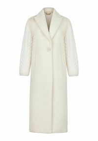Lungo cappotto crema con collare strutturato e chiusura con un solo pulsante. Maniche a maglia texturizzata e tasche laterali. Tessuto liscio in tutto il capo.
