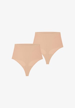 Kalhotky s vysokým pasem v tělové barvě, vyrobené z měkké, hladké látky. Mají bezešvý design a minimalistický vzhled s klasickým střihem.