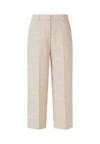 Pantalon beige sur mesure taille haute avec passants pour ceinture, pli devant et coupe droite.