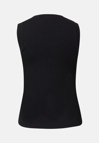 Schwarzes ärmelloses Rippstrickoberteil mit runder Halslinie und taillierter Silhouette, von hinten vor einem einfarbigen Hintergrund gezeigt.