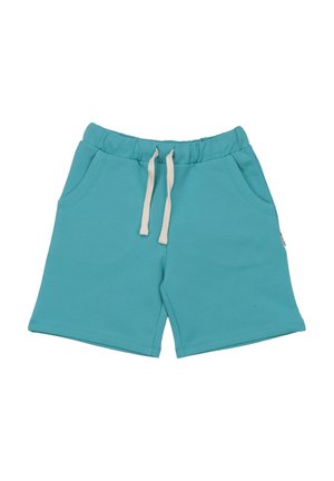 Turquoise drawstring shorts with elastic waistband and side pockets, made from soft fabric.