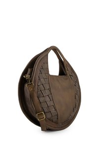 Brown leather handbag with a woven textured panel, curved shape, dual handles, and an adjustable strap for versatile carrying options.