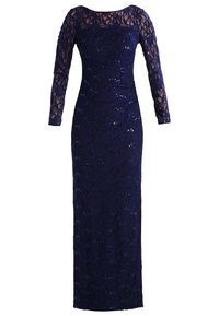 Marinblå spetsklänning med långa ärmar, figurnära siluett, diskreta paljetter, hög halsringning och en rak kjol.