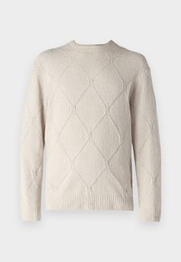 Beige knitted sweater featuring a diamond pattern, crew neck, and ribbed cuffs. The texture appears soft and chunky.