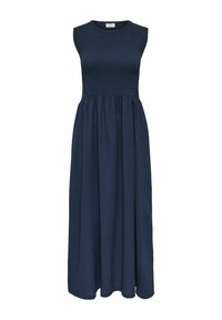 Robe maxi sans manches bleu marine avec un corsage ajusté et texturé et une jupe fluide. Fabriquée dans un tissu doux avec une finition lisse.