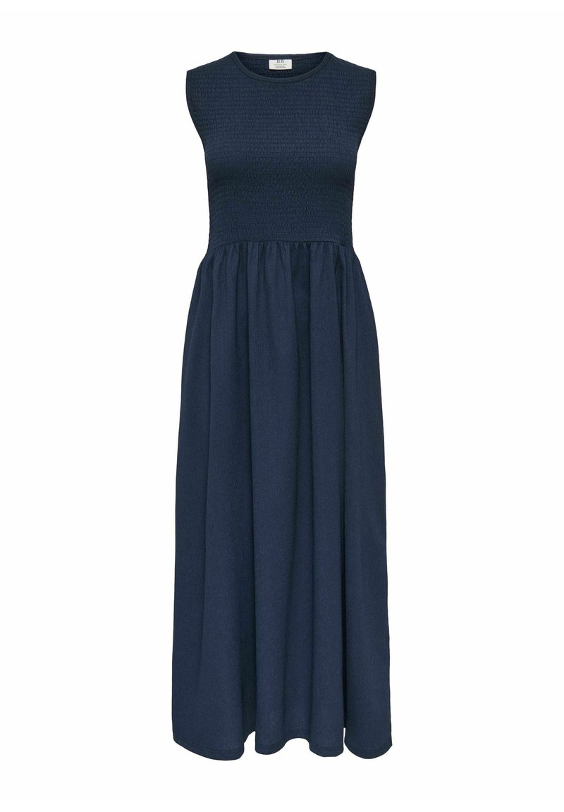 Robe maxi sans manches bleu marine avec un corsage ajusté et texturé et une jupe fluide. Fabriquée dans un tissu doux avec une finition lisse.