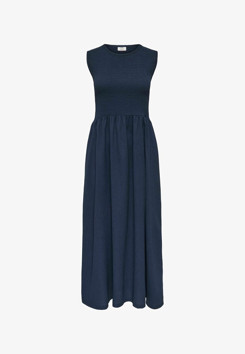 Robe maxi sans manches bleu marine avec un corsage ajusté et texturé et une jupe fluide. Fabriquée dans un tissu doux avec une finition lisse.