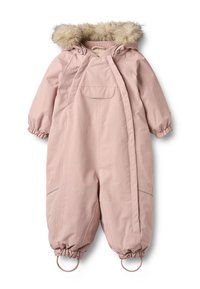 Roze gewatteerd baby-overspak met capuchon afgezet met nep bont, elastische manchetten en voetlusjes voor winterkleding.