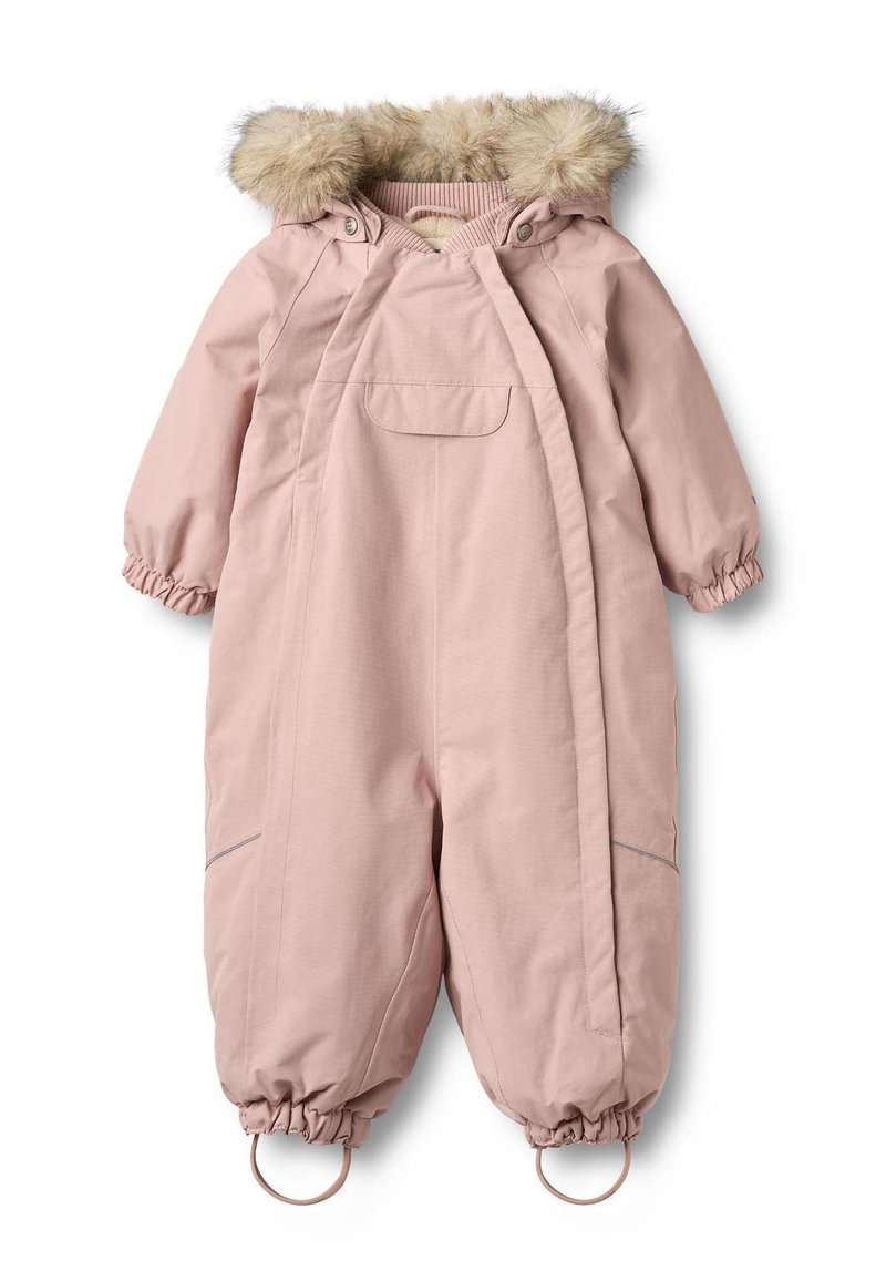 Roze gewatteerd baby-overspak met capuchon afgezet met nep bont, elastische manchetten en voetlusjes voor winterkleding.