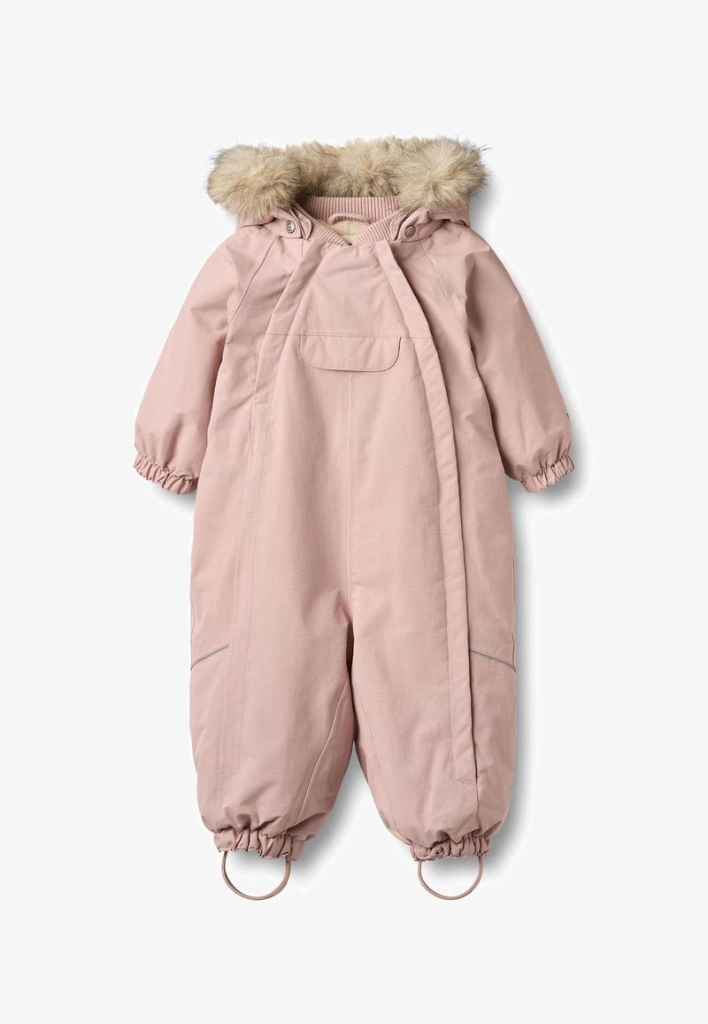 Roze gewatteerd baby-overspak met capuchon afgezet met nep bont, elastische manchetten en voetlusjes voor winterkleding.