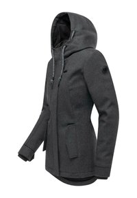 Tummanharmaa hupullinen talvitakki, jossa on etuvetoketju, naruhuppu, sivutaskut ja pyöreä logopatchi vasemmassa ylhäisessä hihassa.