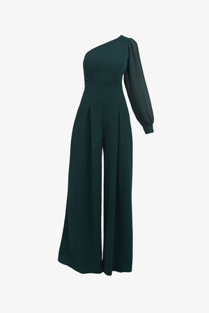 Combinaison à une épaule en vert foncé, avec un bodice ajusté, des plis à la taille et une manche bouffante translucide et fluide.