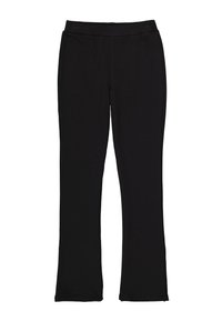 Zwarte elastische tailles pantalons met een flared leg ontwerp. Gemaakt van zachte stof, met een gladde textuur en zonder zichtbare patronen of accenten.