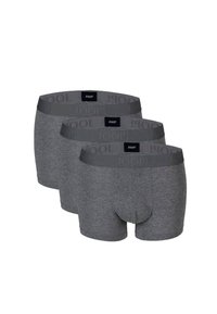 Boxers grises en paquete de tres, con una cintura elástica y suave que presenta una marca en relieve. El tejido parece suave y ajustado.
