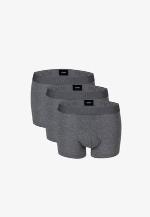 Boxer grigi in confezione da tre, con fascia elastica morbida e marchio in rilievo. Il tessuto appare liscio e aderente.